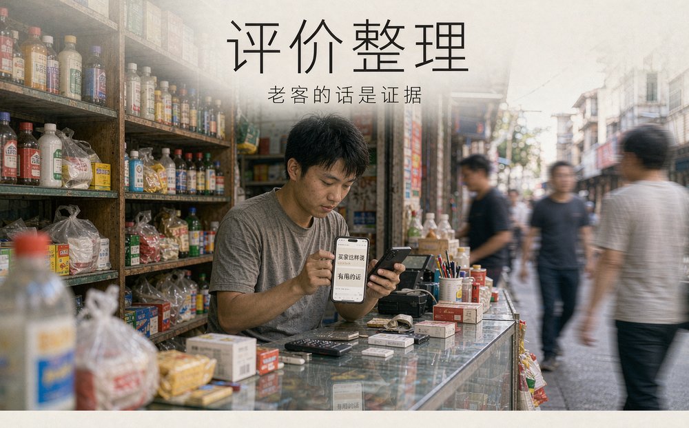 零售小店店员在柜台翻看买家评价，准备整理老客原话