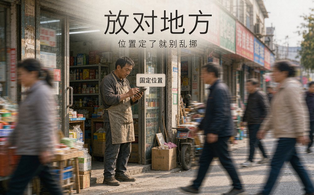 店主在店门口看手机，评价内容放在固定位置