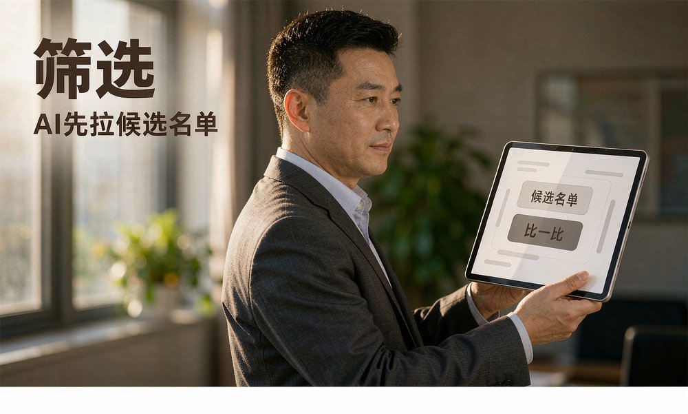 外贸经理用平板查看 AI 采购助手拉出的候选名单,比一比再回复