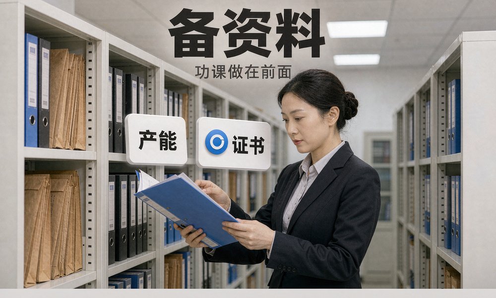 供应商管理员在档案柜前核对产能与证书资料,把功课做在询盘前面
