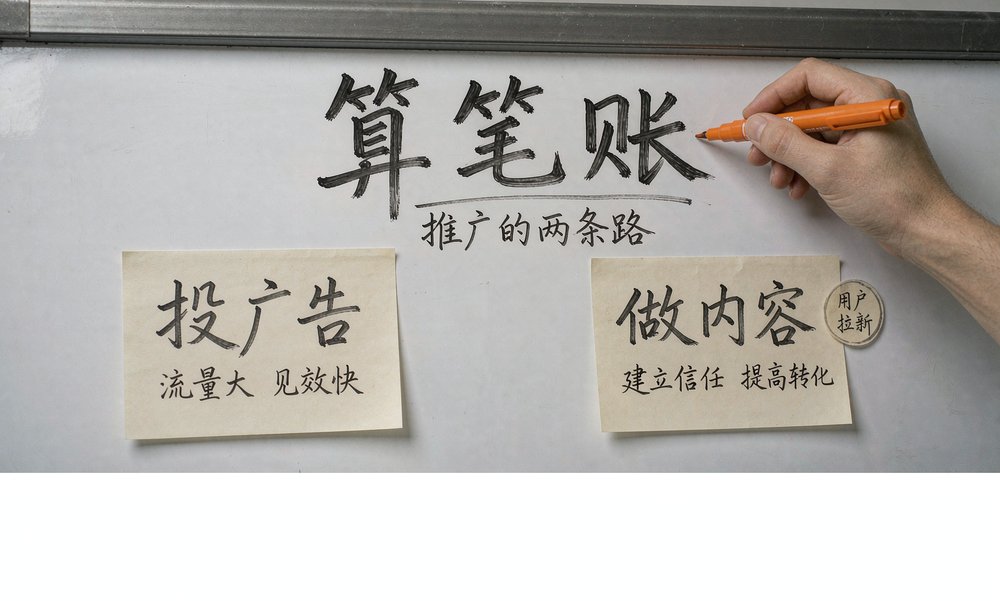 机构负责人在白板上算推广的账,投广告和做内容两条路摆在一起比