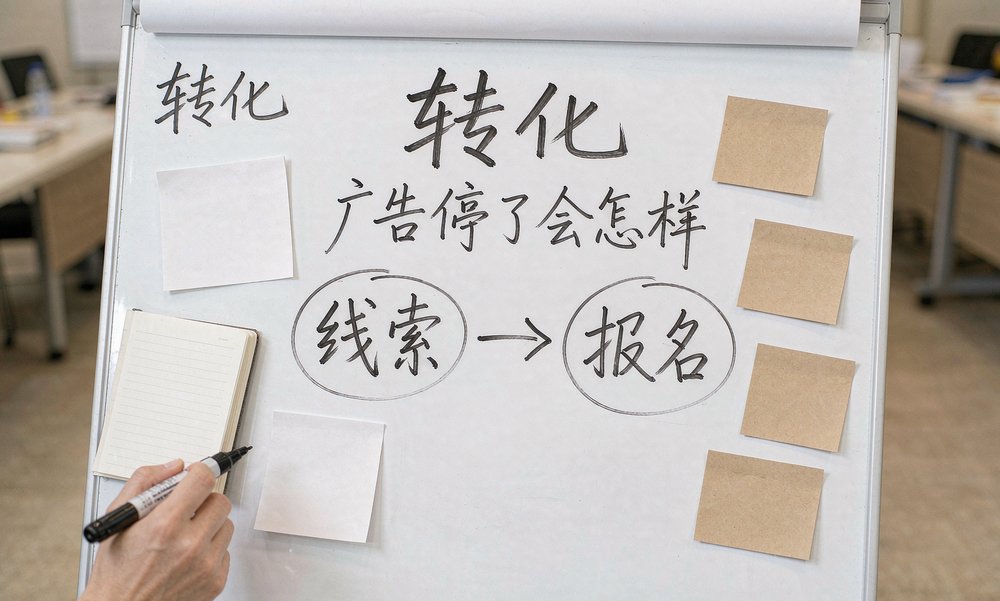 白板上推演从线索到报名的转化,广告停了会怎样一目了然