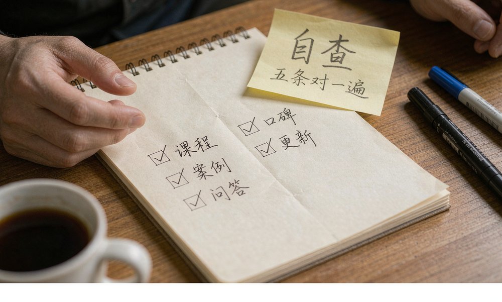 运营老师按自查清单逐条核对课程内容,五条对一遍心里有底
