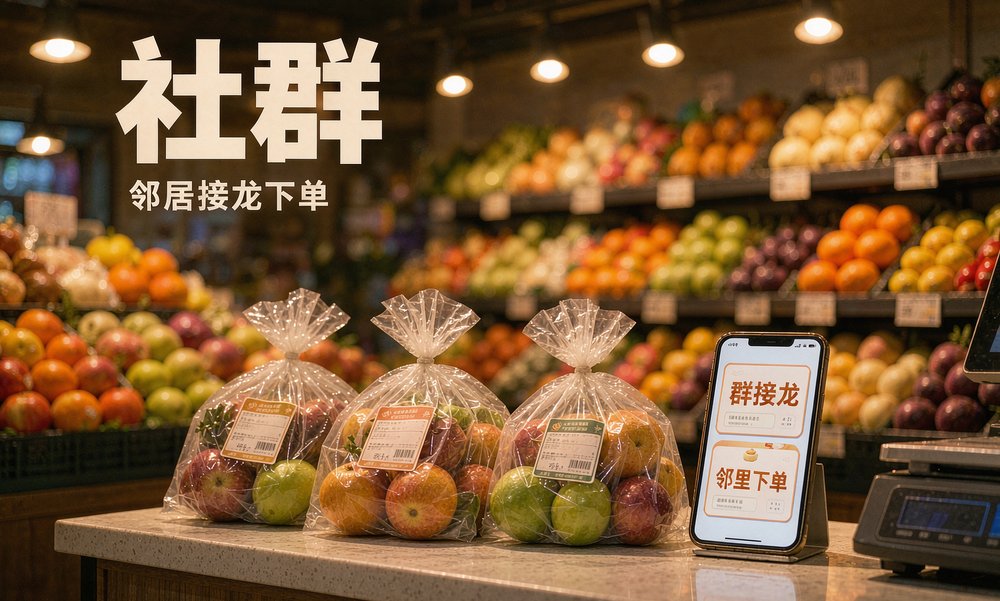 水果店柜台上手机开着群接龙,邻里下单成了每天的日常