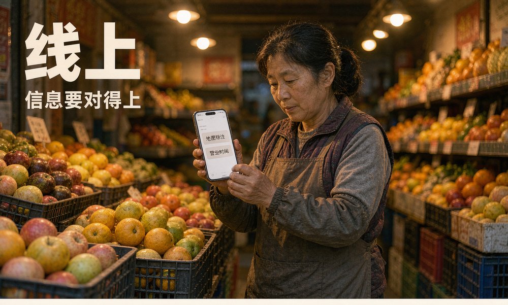店主在店门口用手机核对地图标注和营业时间,线上信息要对得上