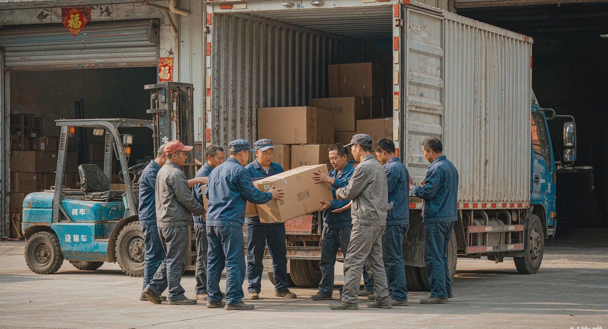 纸箱和成品装上货车,准备发往客户