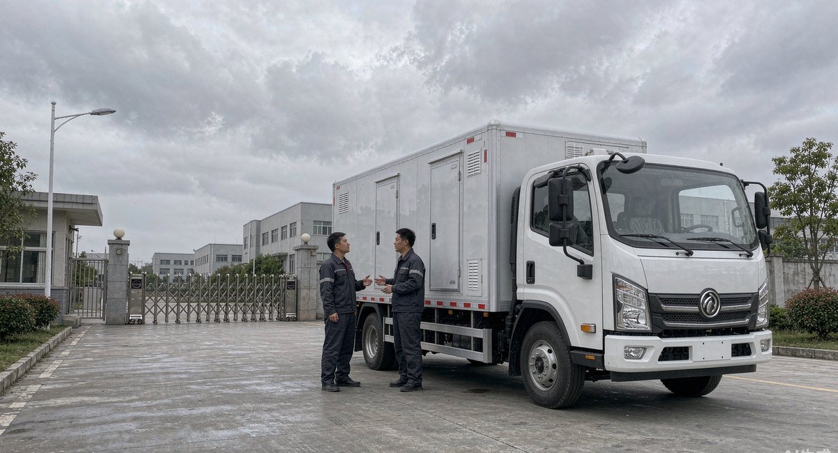 厂区门口停着一台刚下线的应急电源样车,车身还带着检验标签