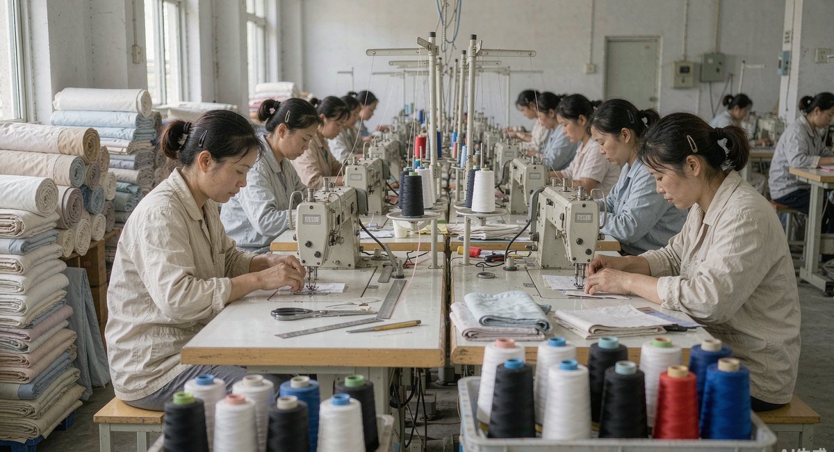 石狮一家针织服装厂的缝纫车间,女工正踩着平车赶一批返单的样衣