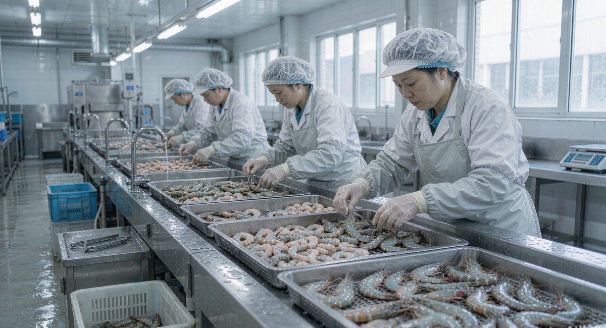 石狮一家海产加工厂的冷链分拣线,工人正把当季的海货装箱送进冷库