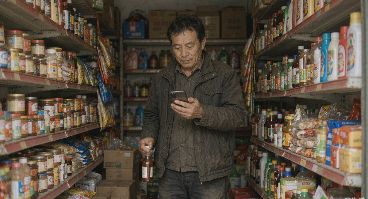 一位经销商坐在仓库门口,在手机上滑动屏幕查看货源和报价