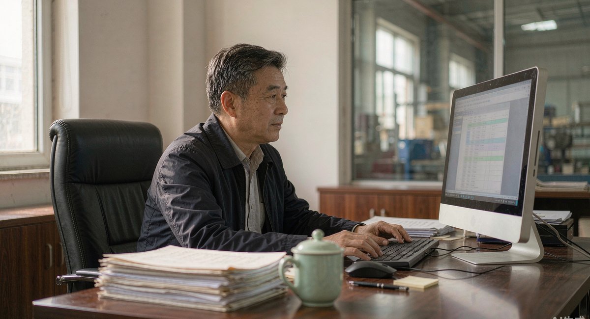 加工厂老板坐在办公室里,对着电脑屏幕看AI帮忙整理出来的产品规格表