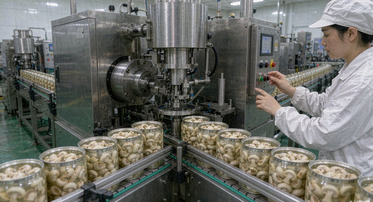 龙海一家罐头厂的封口线上，工人正在给蘑菇罐头马口铁罐卷边封口