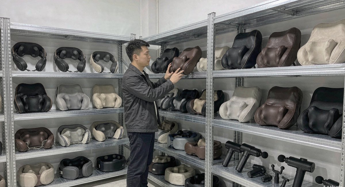 福安一家按摩器厂的样品间,货架上摆着不同款式的按摩枕和筋膜枪