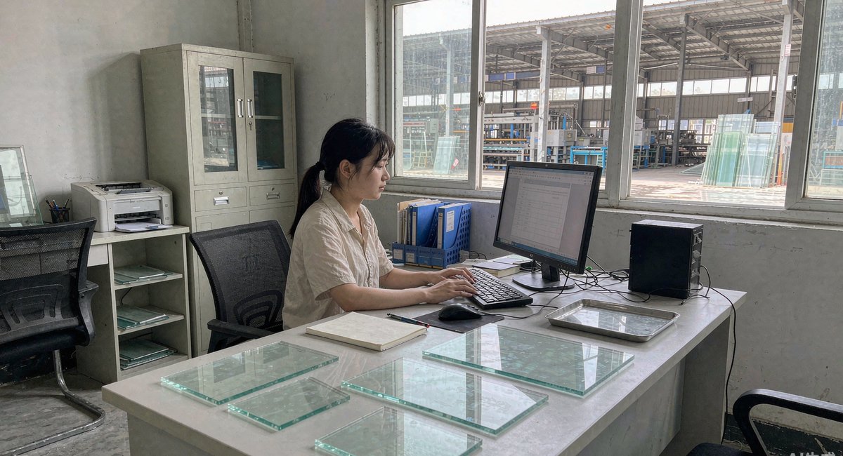 福清玻璃厂的办公室里,文员对着电脑整理中空玻璃的规格参数表