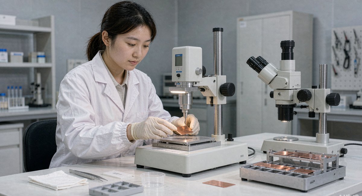 上杭锂电材料厂的检测室里，质检员正在用测厚仪核对铜箔厚度