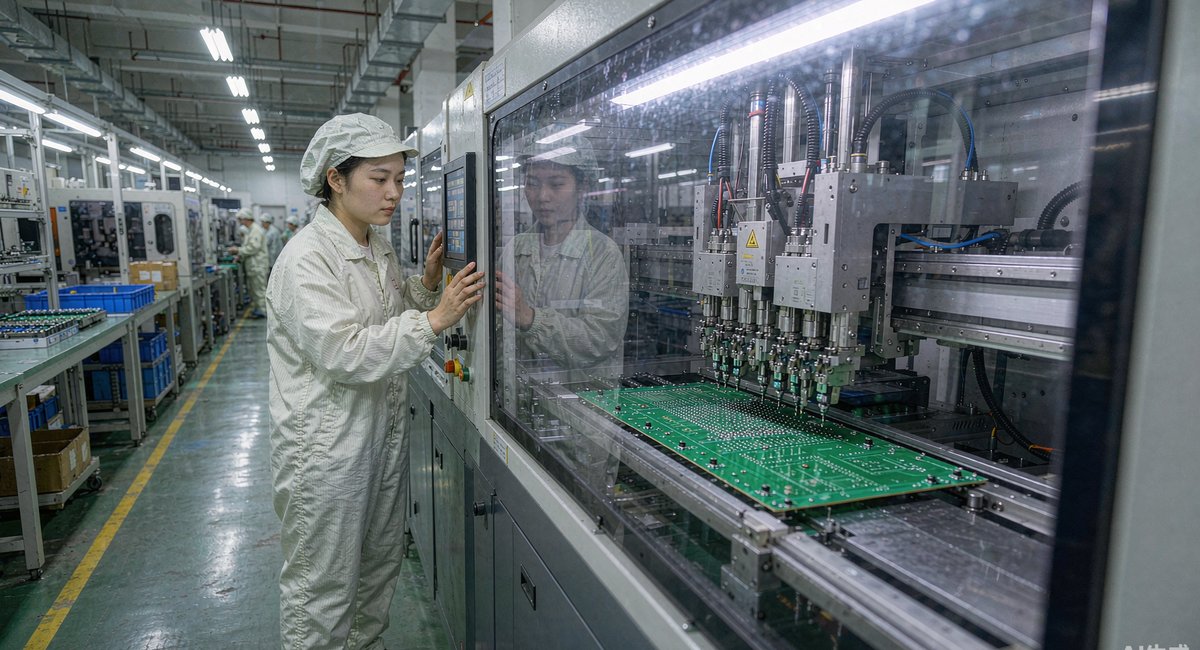 翔安显示屏厂的SMT车间,操作员在贴片机前核对灯珠和驱动IC的贴装位置