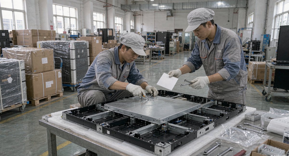 翔安显示屏厂的成品车间,工人正在给一块室内小间距屏安装后盖并贴标签