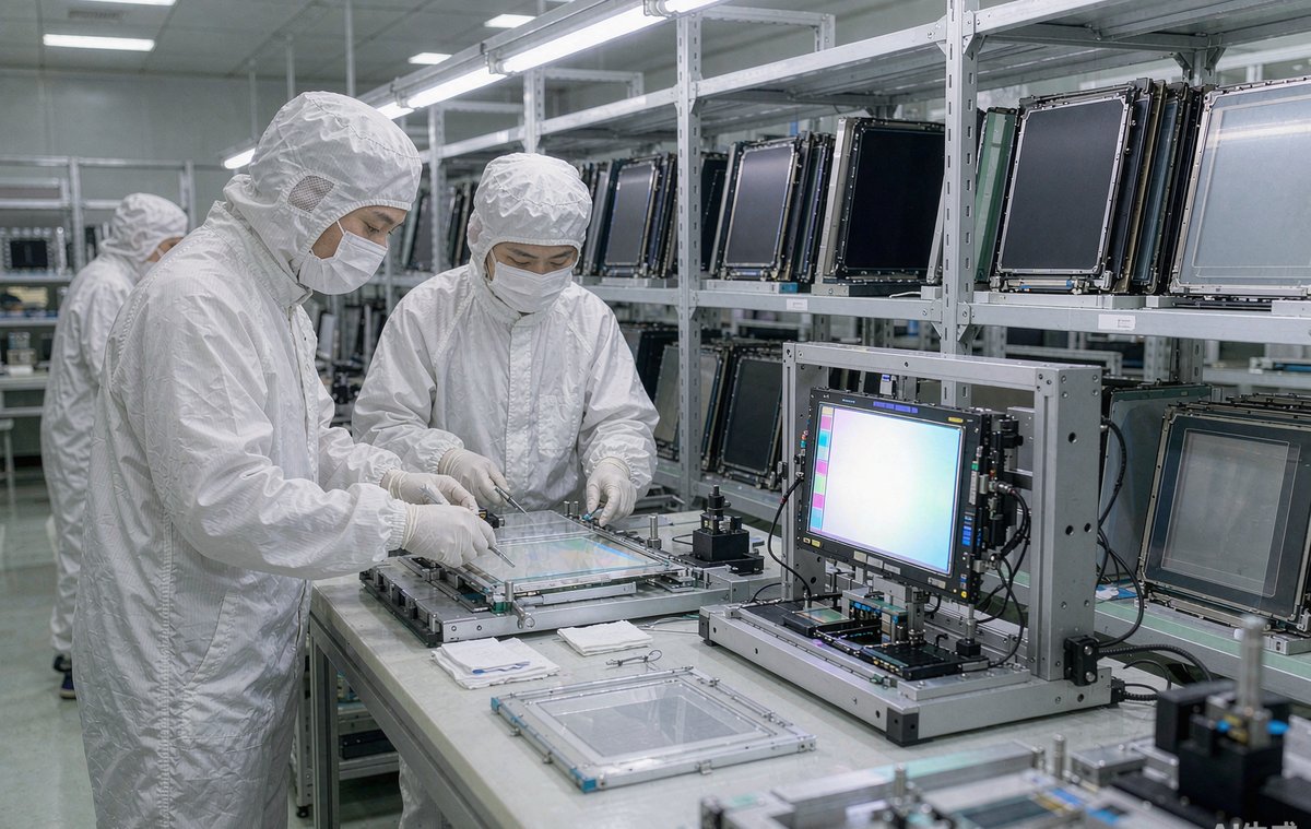 翔安一家显示模组厂的贴合线,工人正在点灯检查模组画面