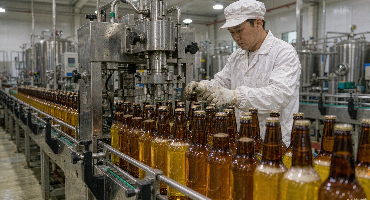 涵江一家啤酒厂的灌装线上,工人正在给玻璃瓶啤酒压盖封口