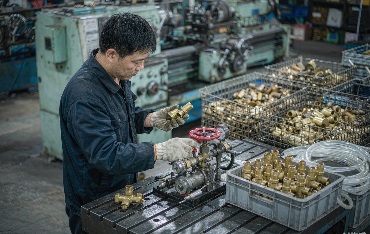 南安一家水暖厂的试压工位，工人正给刚装好的角阀做水压试验