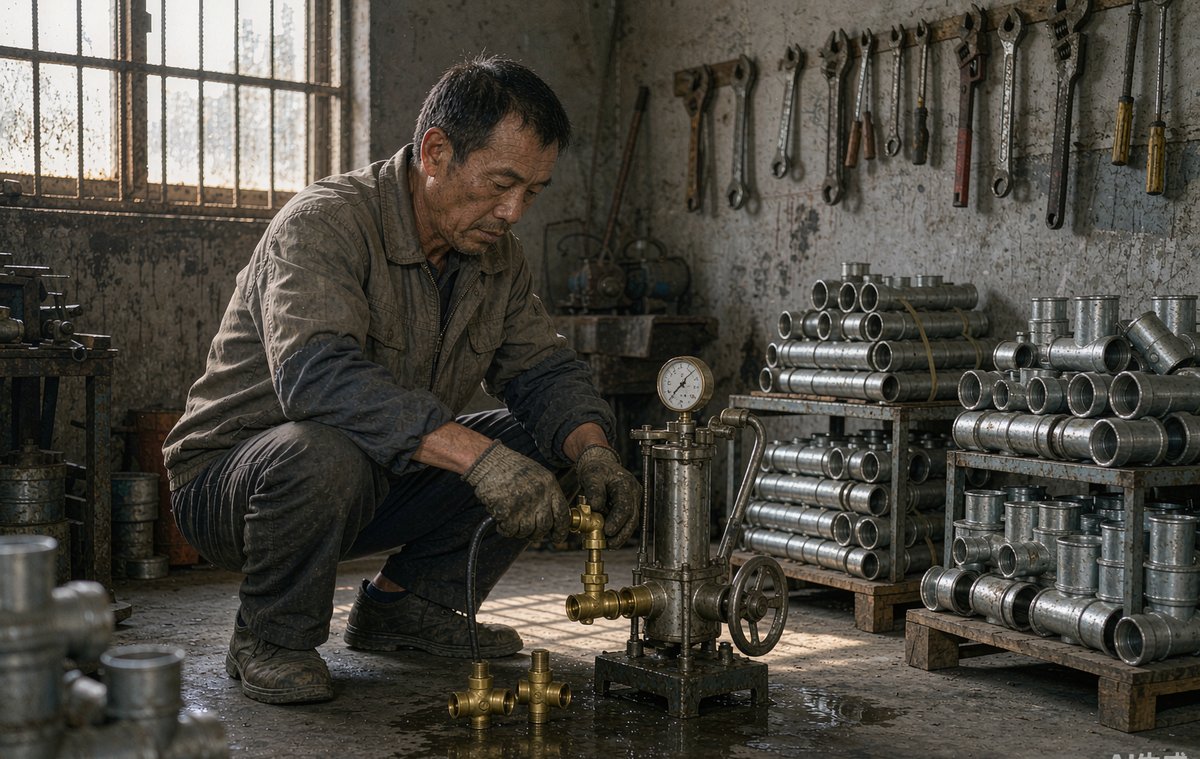 南安仑苍一家水暖件厂的试压台,工人正在给角阀做密封试压