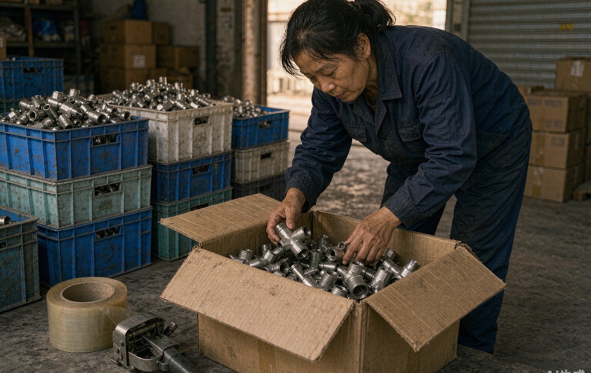 南安水暖件厂的成品区,工人正在把试压合格的角阀装箱贴标