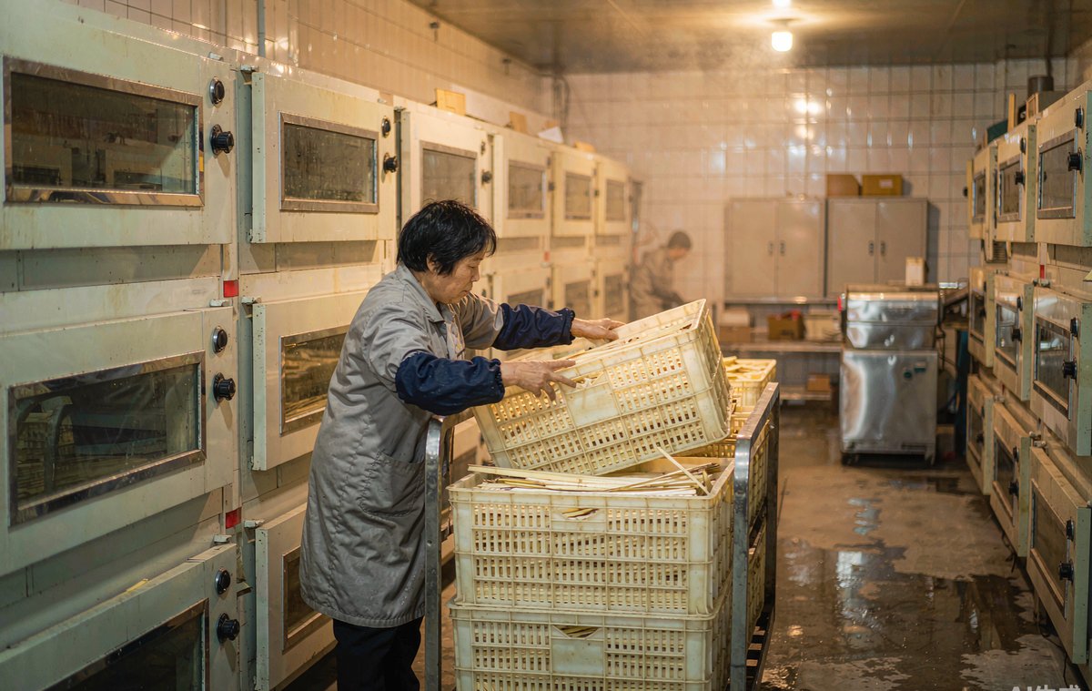 三明尤溪一家竹制品厂的烘干房,工人正在把刚碳化好的竹条装筐