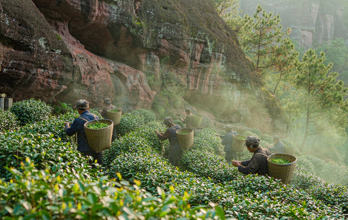 武夷山一处岩茶山场，采茶工背着竹篓在石壁间的茶垄上采青