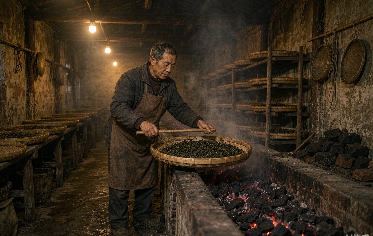 武夷山岩茶厂的炭焙间，焙茶师傅正在翻动焙笼上的茶叶