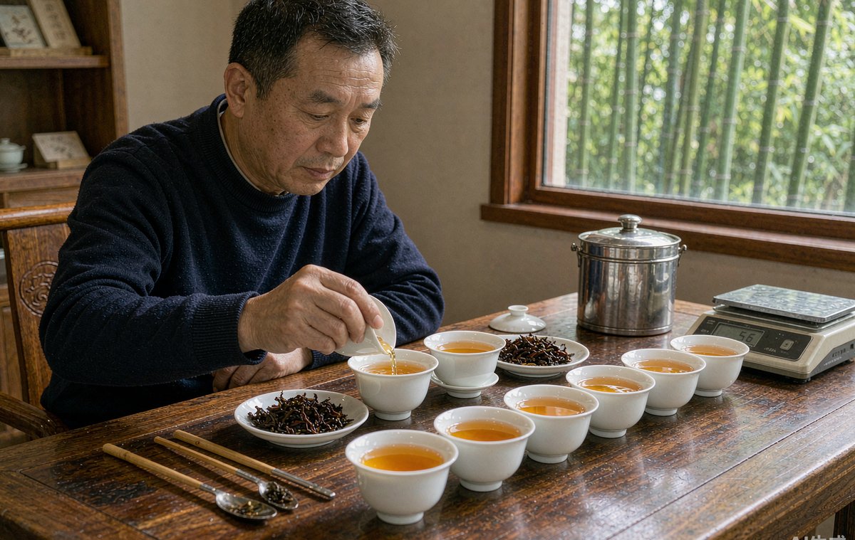 武夷山茶厂的审评台，评茶师正在开汤审评刚焙完火的肉桂
