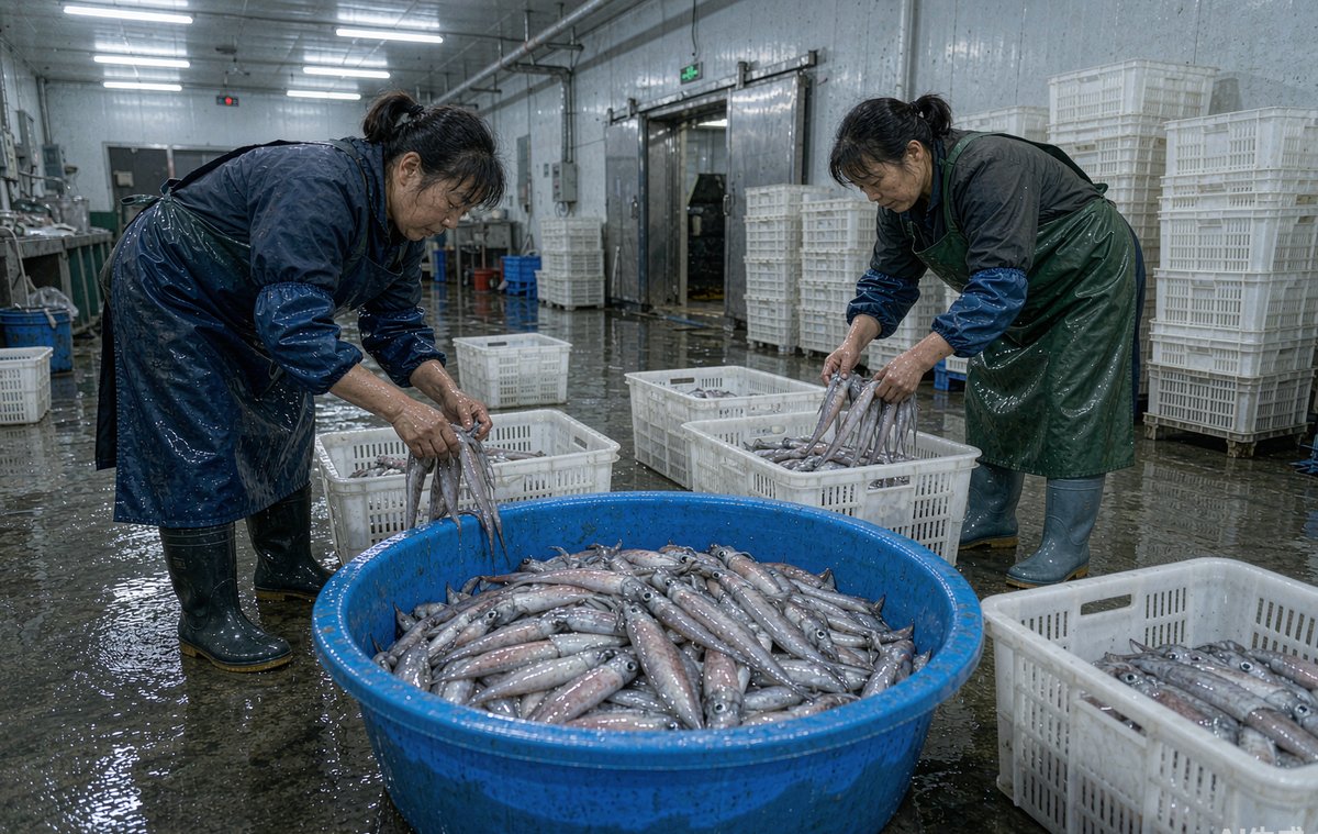东山岛一家海产加工厂的原料区,工人正在对刚上岸的小管分拣装筐