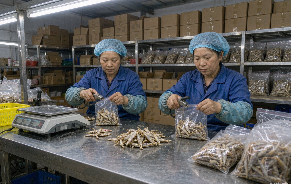 东山一家海产厂的包装车间,女工正在把烘干后的小管按规格装袋封口