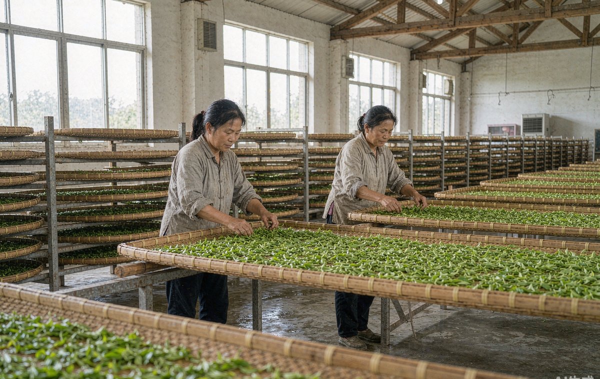 福鼎一家白茶厂的萎凋间，工人正在把茶青均匀摊在竹筛上晾青
