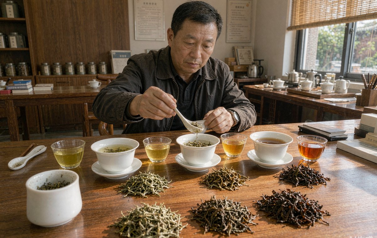 福鼎白茶厂的审评桌，老板正在开汤对比不同年份寿眉的汤色
