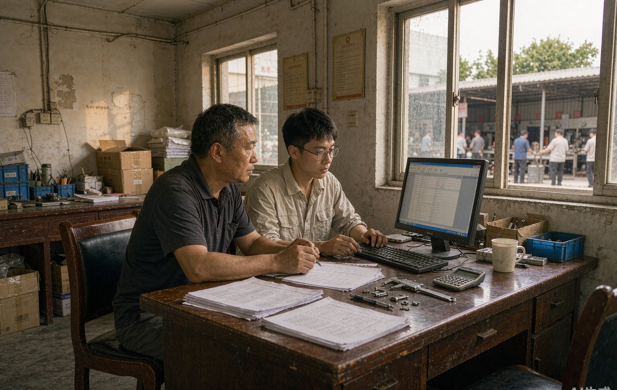 福建一家汽车配件厂的办公室里，老板和技术员对着电脑整理产品规格表