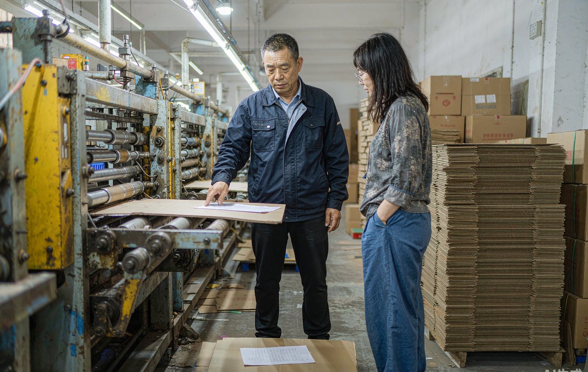赖明辉在喷涂线旁指着一排刚下线的仓储货架讲层板承重