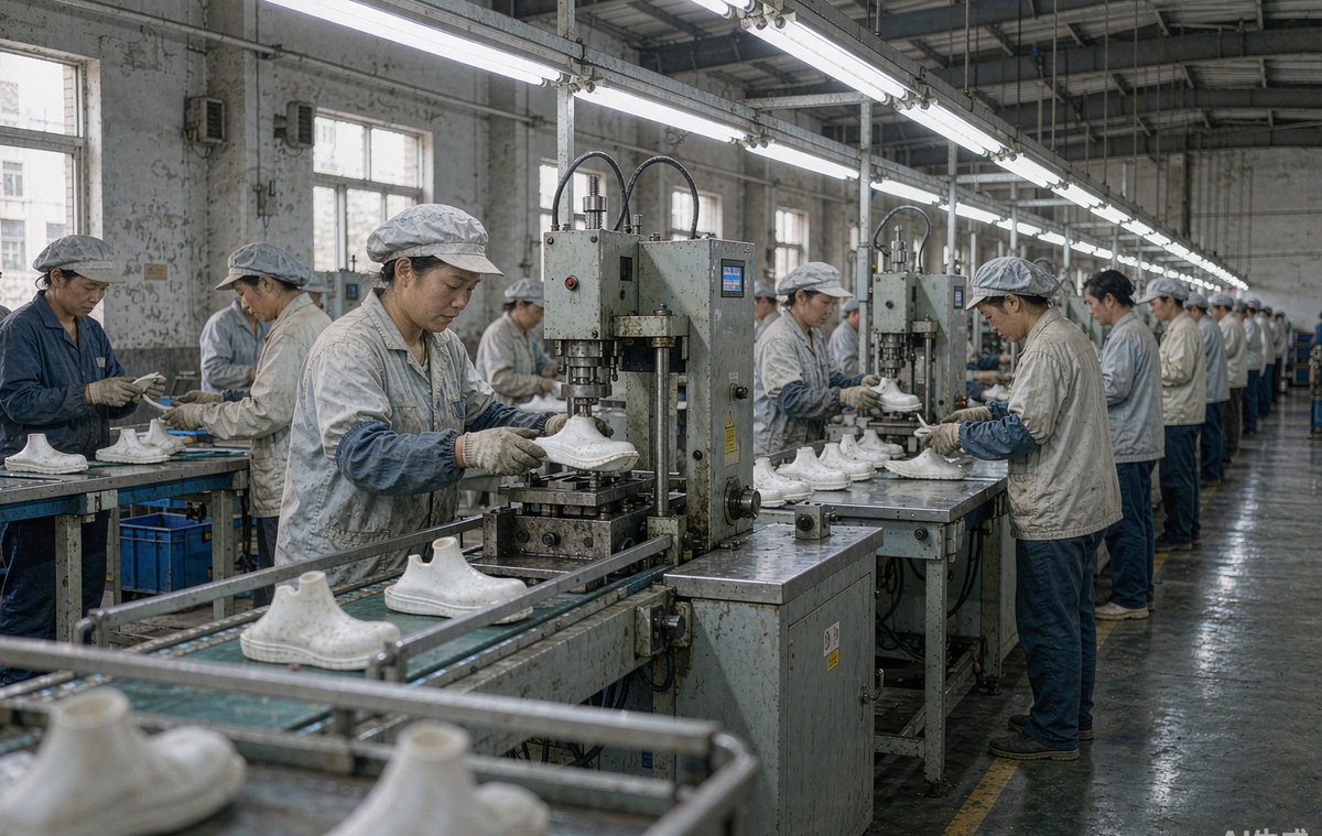 泉州一家鞋厂的成型线,工人正在给运动鞋上底压合