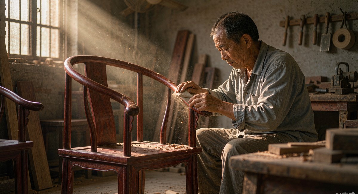 榜头镇红木厂里的师傅正在给圈椅扶手打磨上蜡