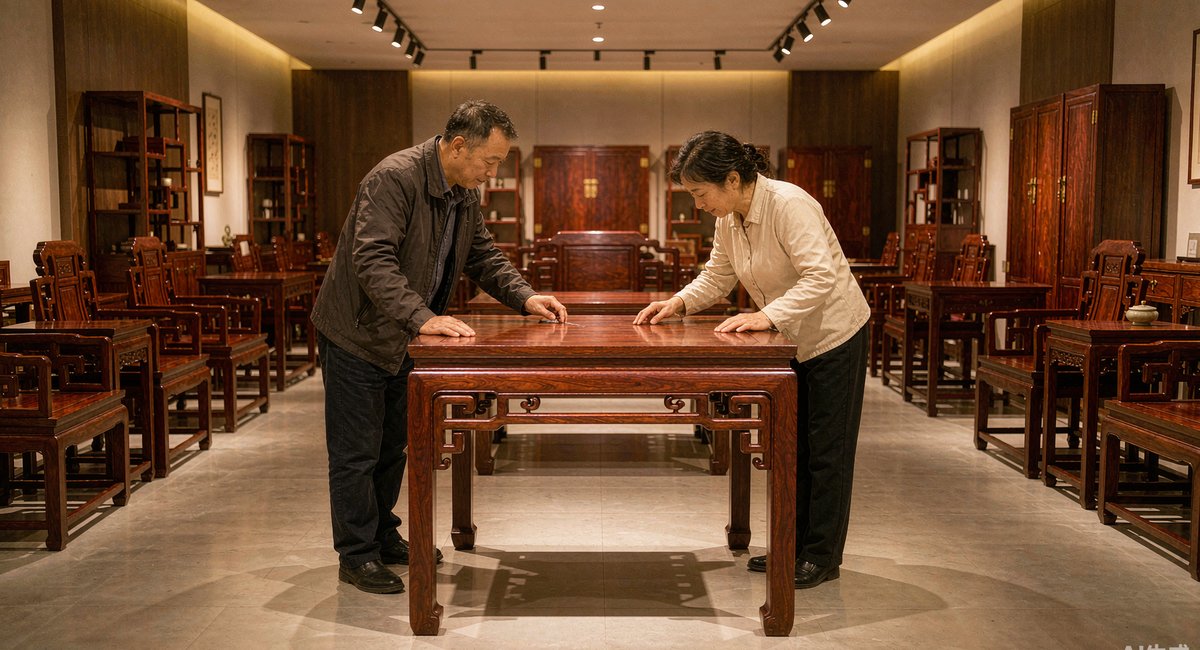 客户在仙游红木展厅里凑近看一张餐桌的榫卯接口