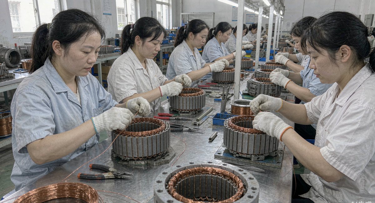 赛岐镇一家电机厂的绕组车间,女工正在给电机定子嵌线