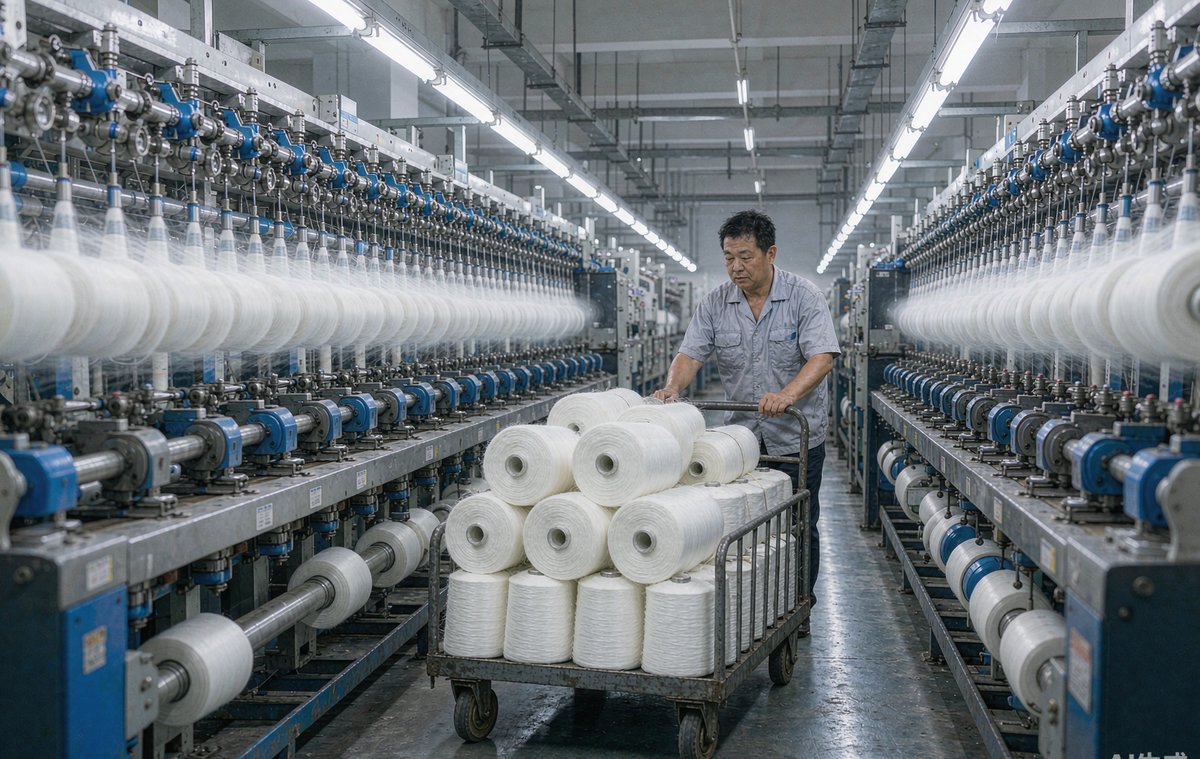 金峰镇一家化纤厂的加弹车间，工人正在检查下机的涤纶丝饼