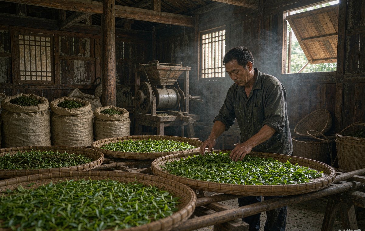 漳平永福镇一家茶厂的萎凋间,师傅正在摊晾刚采下的高山茶青
