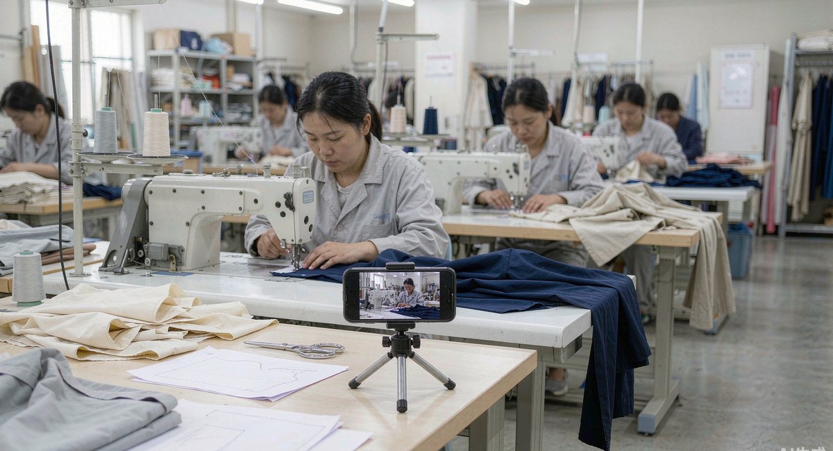 车间里手机架在支架上拍摄缝纫工位