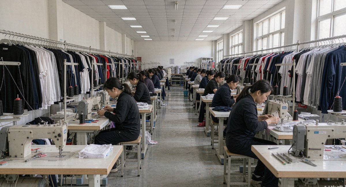 运动服装代工厂的缝纫车间,工人整齐地坐在车位上