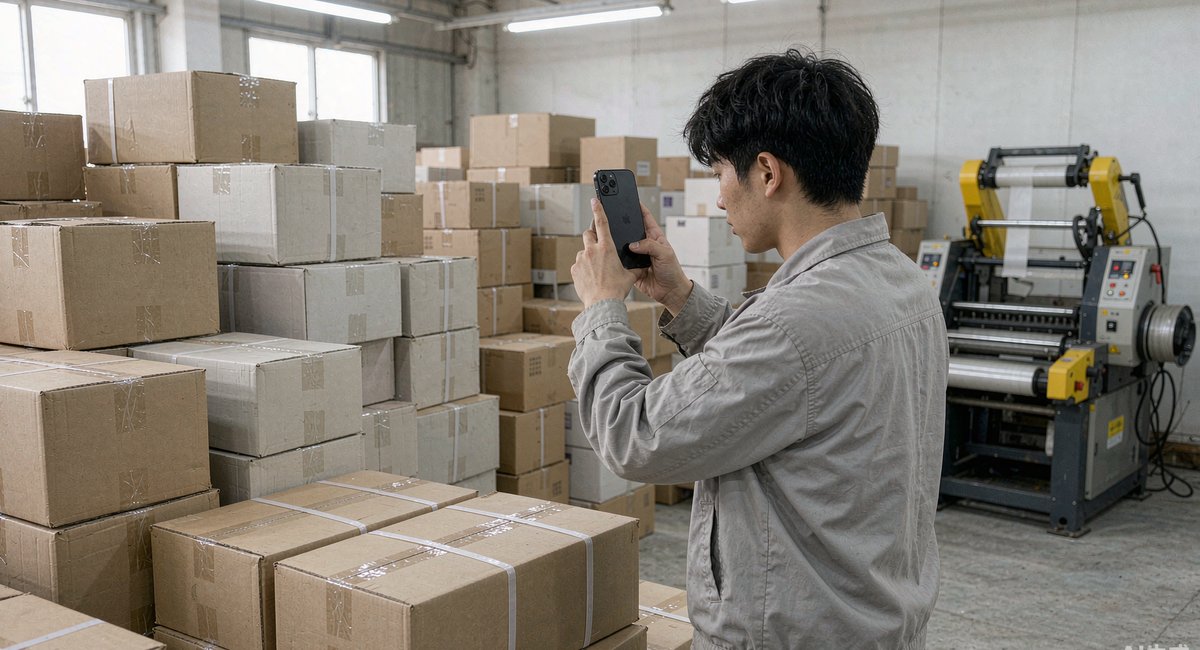 仓库里工作人员用手机拍下打包发货的场景