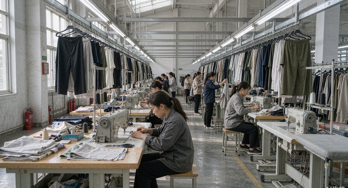 石狮服装代工厂的吊挂线车间,衣架在轨道上排成队