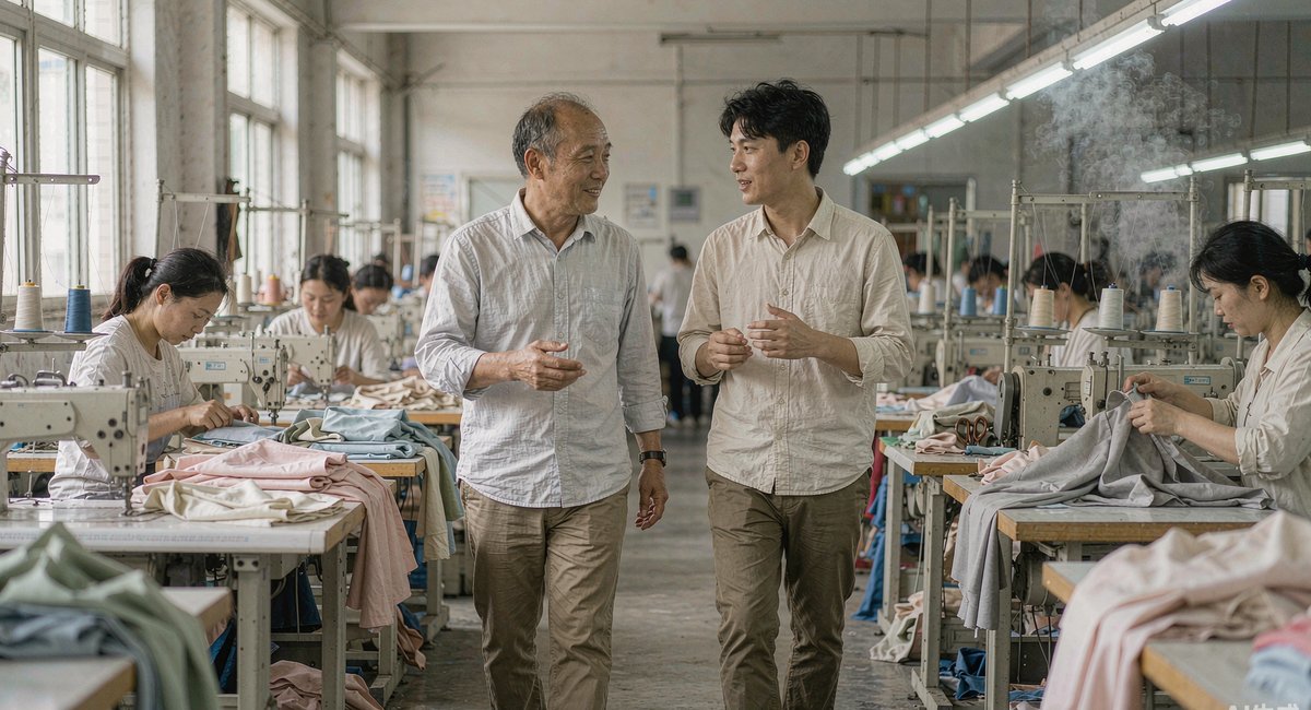 晋江服装厂的业务员和老板在车间里边走边聊