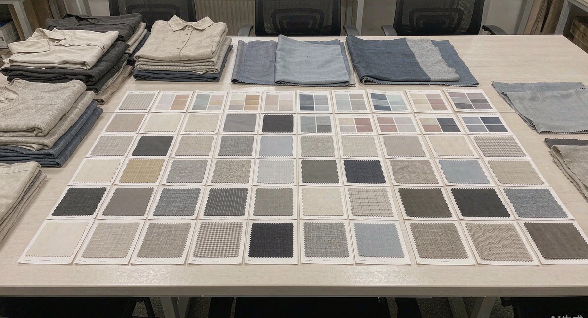 服装样品和面料卡在会议桌上摊开