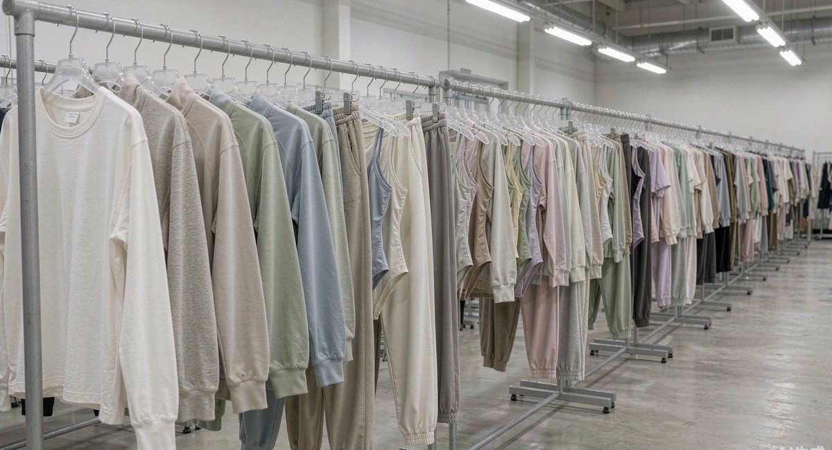 服装厂的样品间里挂着各式成衣