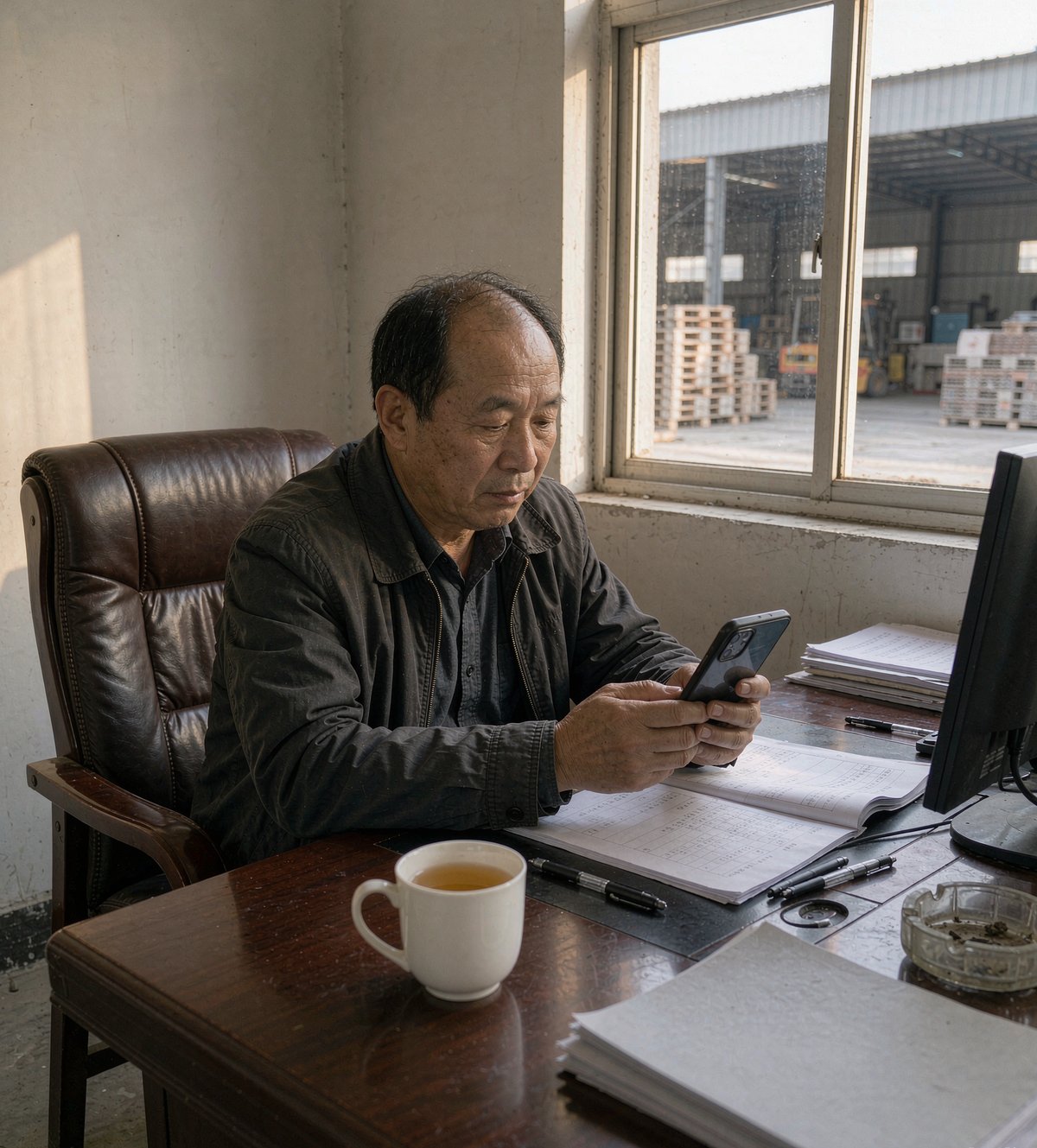 陶瓷厂老板在办公室里拿手机问AI外墙砖厂家推荐
